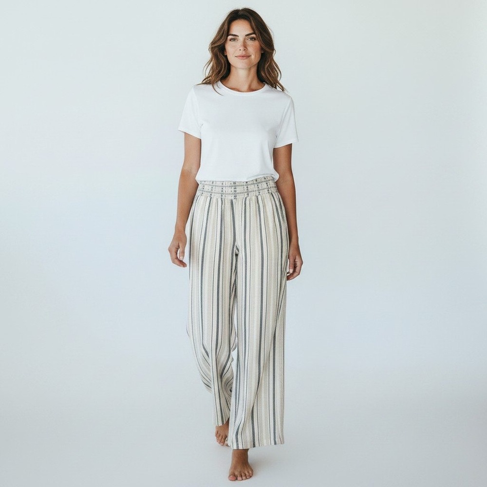 Rewash Wide Leg Pants XL Beige Striped Linen Blend Smocked Waist Boho Summer